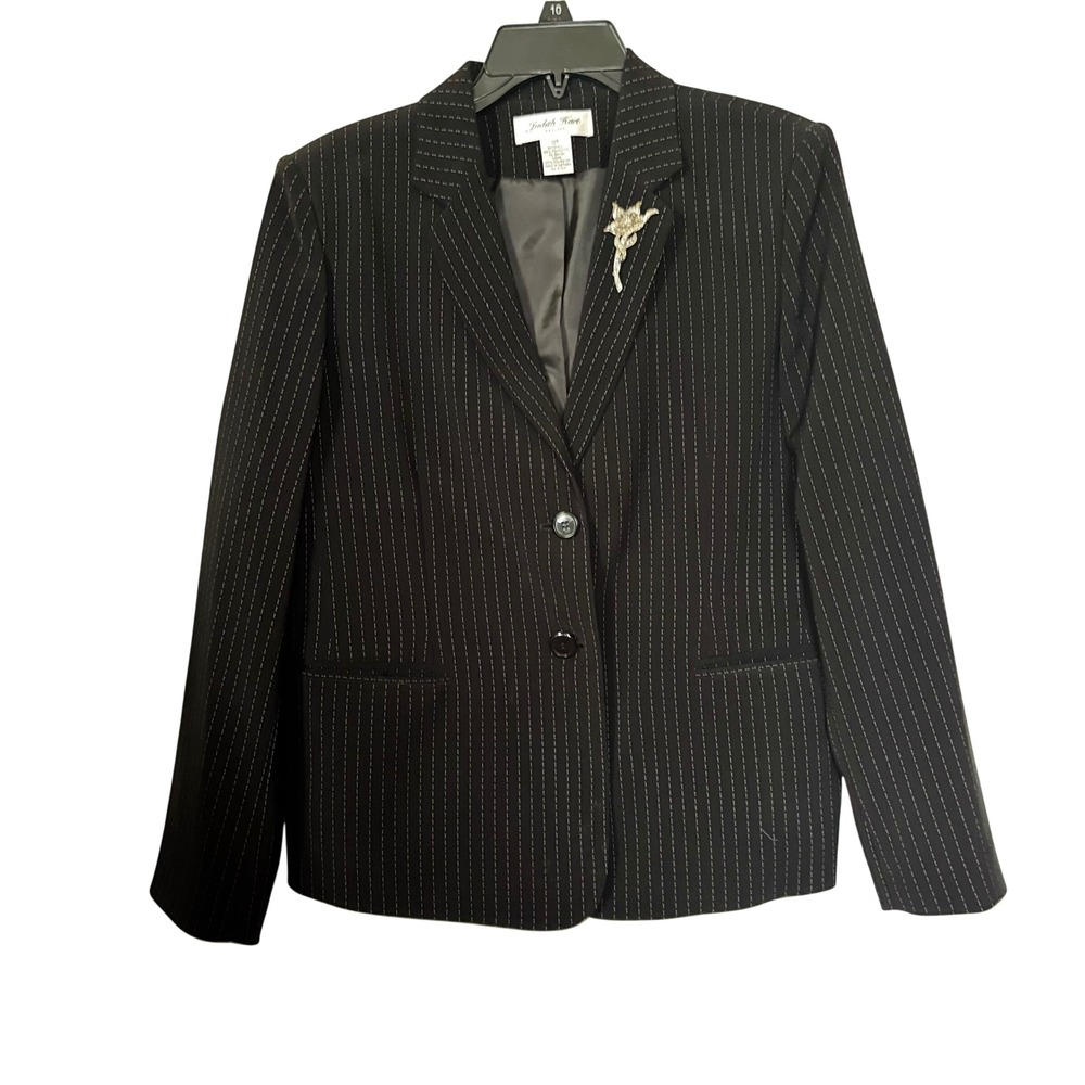 Judith Hart Women's Pinstripe Blazer 12P 2-Button Closure Silver Floral Brooch